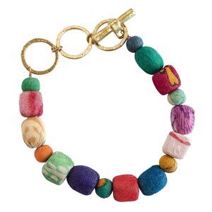 Fair Trade Bead Shapes Toggle Bracelet Upcycled Kantha Fabric Boho Handmade NWT